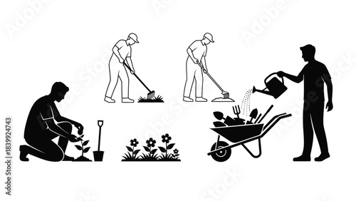 Gardening silhouettes and line art collection of farmers and gardeners working with plants, tools and wheelbarrow