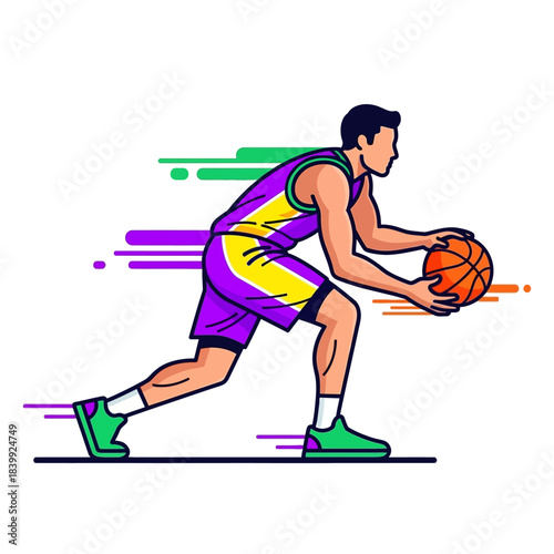Dynamic basketball player illustration showcasing agility speed and vibrant energy expressing motion