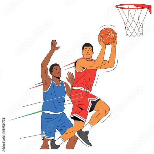 Dynamic basketball match illustration showcasing athletic skill and competitive spirit on court