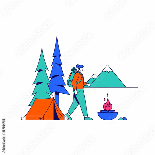 Adventurer's flat illustration with a tranquil mountain and forest scene showing peace