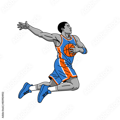 Dynamic basketball player mid-air dribble art showing skill and passion in sports action