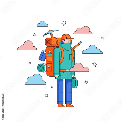 Adventurous mountaineer graphic illustration with stylized cloud scenery in minimal design  for