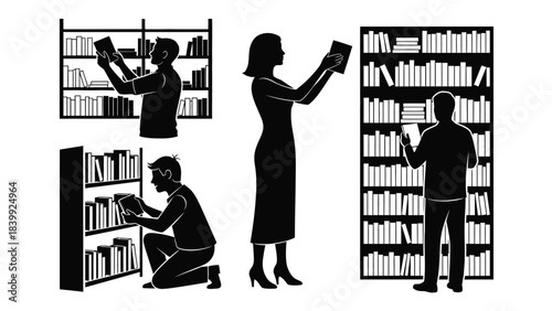Collection of silhouettes of people reading and selecting books from shelves in a library or bookstore