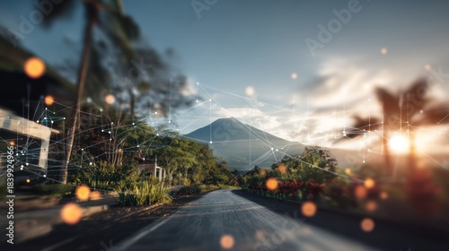 Road to mountain with digital network