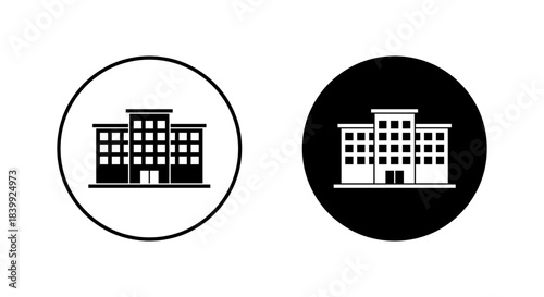 Office building icon in black circle. Commercial property and urban architecture symbol