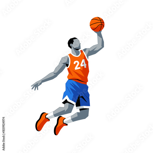 Dynamic basketball player mid-air, number 24 poised for a slam dunk action shot