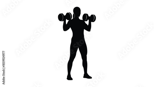 Silhouette of a man performing a dumbbell shoulder press exercise