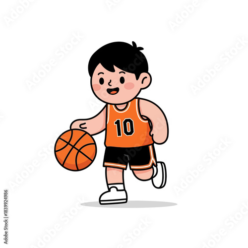 Enthusiastic cartoon basketball player dribbling ball with focus and determination for competition