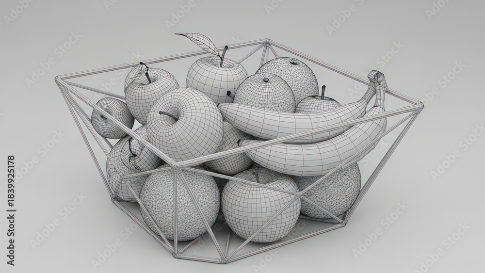 Obraz premium Wireframe fruit basket illustration isolated on light background