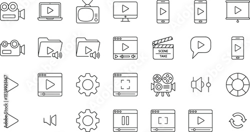 Video and multimedia line icons set, featuring cameras, playback controls, screens, and settings for user interface design.