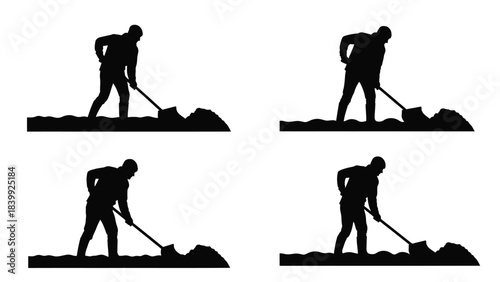 Set of four black silhouette illustrations of a person digging with a shovel
