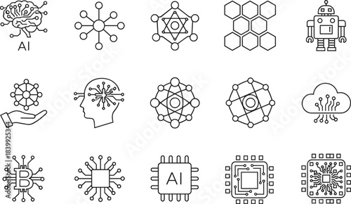 Artificial intelligence icons, neural network symbols, digital technology graphics, cloud computing, microchip visuals, blockchain, robotics, data nodes, innovation
