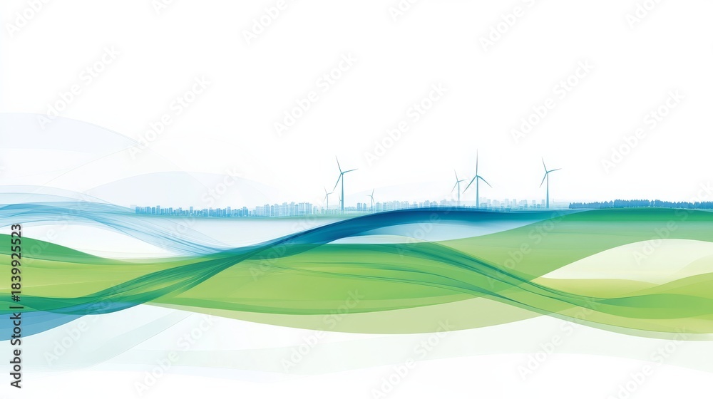 Obraz premium Vector illustration of a green energy city, on a white background with light colors. The image features green and blue color waves with wind turbines in the distance.