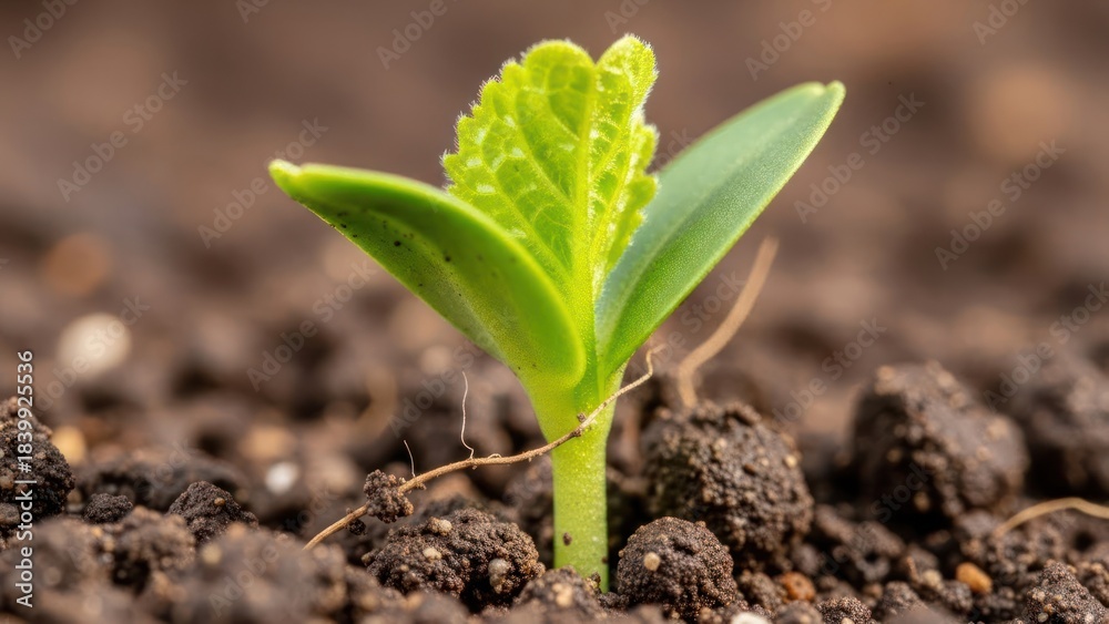 Fototapeta premium Young green plant emerging from soil closeup concept of growth and new life