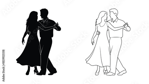 Silhouette and outline of a couple dancing ballroom or waltz