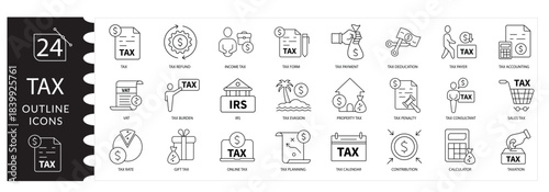 Tax and Financial Payment Icon Set Featuring Money, Income, Budget, Banking, Accounting Documents, Calculator Symbols, Dollar Signs, and Business Investment Elements in Vector Style. Editable stroke 