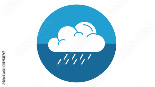 Stylized White Cloud Raining Down Water Droplets Against A Vivid Blue Sky And Dark Blue Background With A Two Tone Circular Design