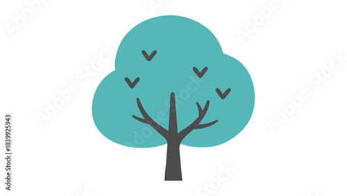 Stylized teal tree with gray branches and leaves against a black background with small gray birds flying around the canopy and a minimalist artistic representation of nature and wildlife