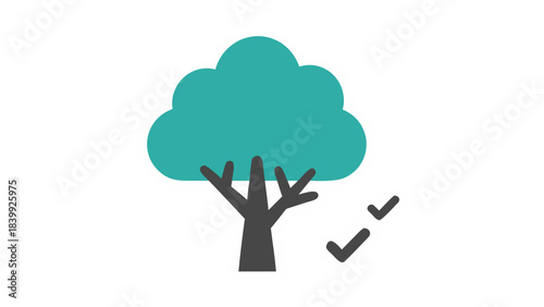 Stylized Teal Tree with Gray Trunk Beside a White Check Mark Symbol on Black Background Represents Growth and Completion