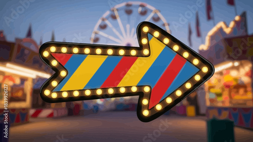 Retro arrow sign with lights pointing right at a carnival vintage entertainment concept