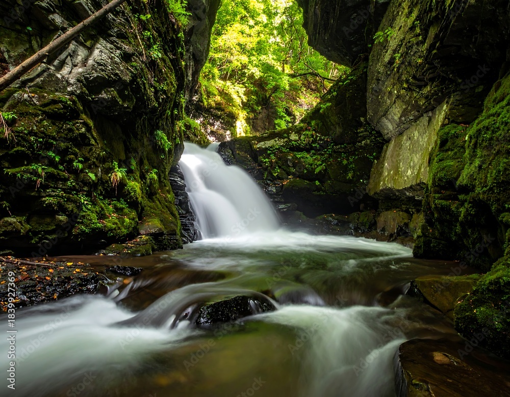 Fototapeta premium Serene waterfall cascading through rocky gorge with lush green moss