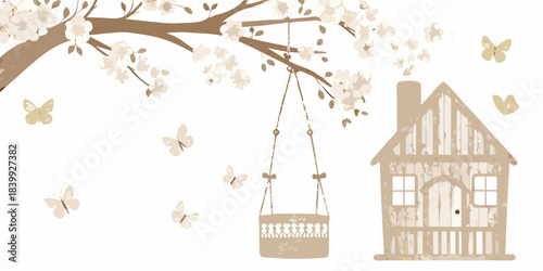 A charming illustration of a hot air balloon and house beneath cherry blossoms