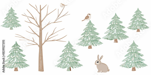 Watercolor illustration of a bare tree rabbits and birds in a forest