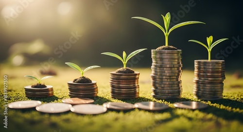 Financial investment return and long-term savings growth. Wealth management and secure future planning. Stacks of coins with growing seedlings on green moss in sunlight