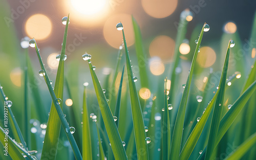 Morning dew drops glistening on vibrant green grass blades, illuminated by soft golden sunlight, creating a serene natural scene