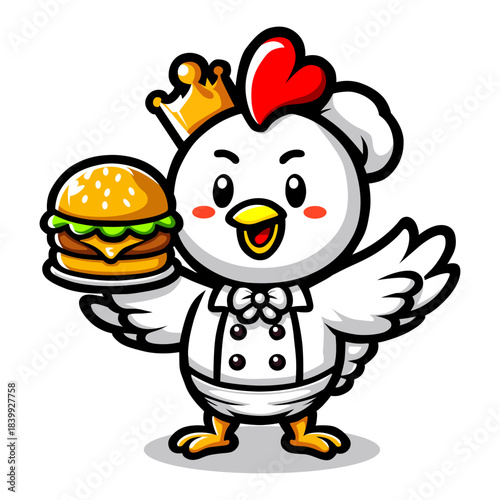 Cute Cartoon Chicken King Holding a Burger