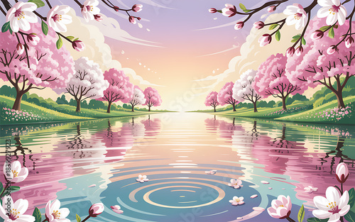 Tranquil Spring Landscape with Cherry Blossoms Reflecting in a Calm Lake at Sunrise