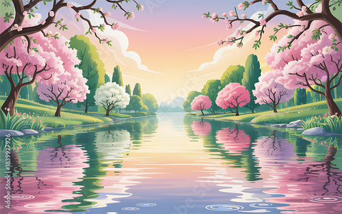 Serene Spring Landscape with Cherry Blossoms Reflecting in a Calm Lake Under a Pastel Sky