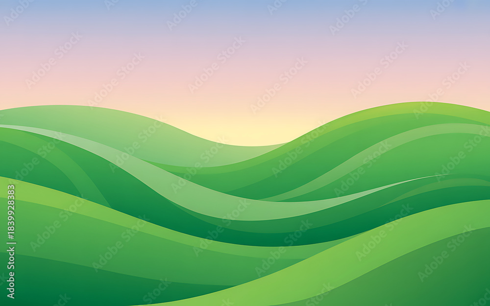 Obraz premium Rolling green hills create a serene landscape under a pastel sky, full of peace