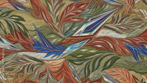 Nature's Abstract Symphony: A vibrant abstract composition where colorful leaves are interwoven with crystalline structures, resulting in a display of artistic natural patterns and textures. 