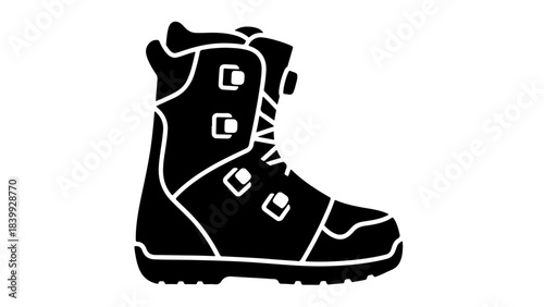 Minimalist black silhouette of a single snowboard boot icon for winter sports, outdoor recreation, and snowboarding activities graphic
