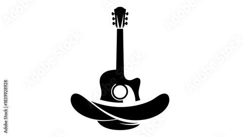 Acoustic Guitar Standing on a Cowboy Hat Silhouette Icon for Country Western Music or Folk Genre Graphic Design Element