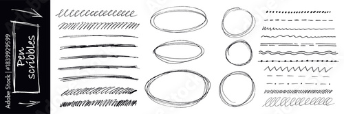 Black pen artwork combining round circle underline sketches with doodle arrow forms. Vector set kit bundle crafted to highlight text through energetic scribble oval line design.