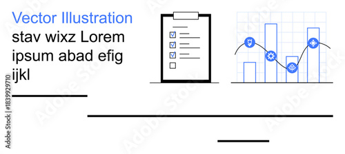 Business analytics, cybersecurity, data visualization, information security, workflow management, data-driven decisions. A clipboard checklist and security data graph. Data analysis and cybersecurity