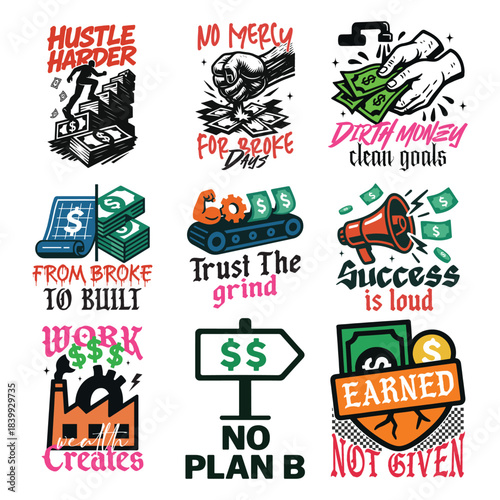Money Streetwear Hustle Quote, Urban Money Clipart, Motivational Street Art, Trendy Cash T-shirt Design Bundle