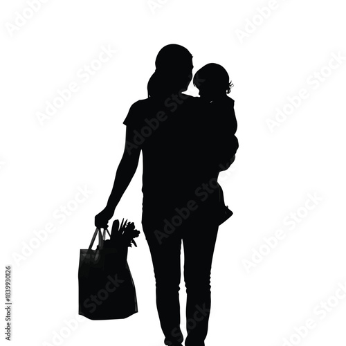 Mother Silhouette Holding Child and Shopping Bag. Family Life, Parenting, Daily Routine, and Shopping Trip Concept.