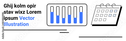 Bar graphs with varying levels, calendar with highlighted dates, clean minimal layout. Ideal for analytics, planning, organization, schedules, goals, time management and a simple landing page