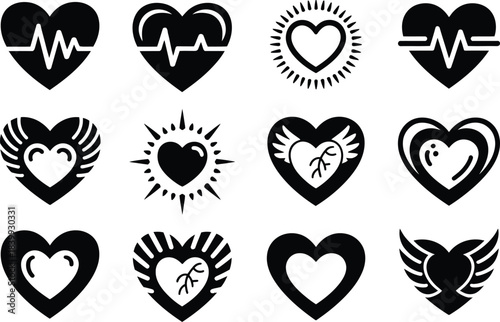 a collection of diverse black heart icons featuring various symbolic elements like electrocardiograms wings and radiant bursts high quality professional detailed modern elegant stylish clean