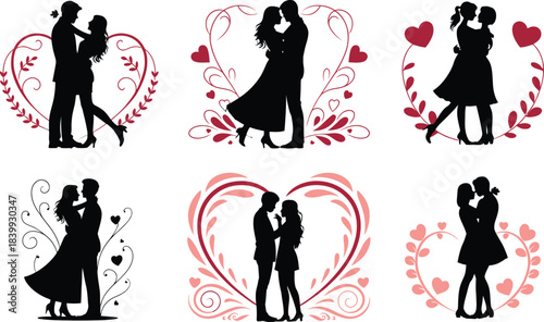 A collection of silhouette illustrations depicting couples embracing and sharing affectionate moments often framed by hearts and floral designs conveying romance high quality professional detailed