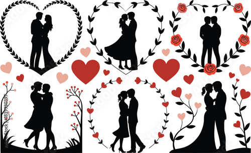 romantic silhouettes of couples embracing within heart and floral wreaths depicting love affection and intimate moments in elegant black designs high quality professional detailed modern