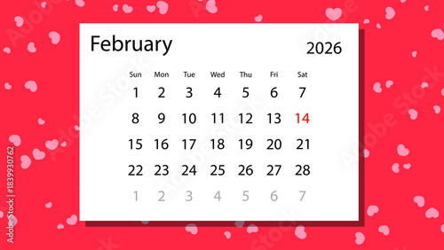 Romantic February 2026 Valentine’s Day Calendar Design on Love Hearts Background Vector Art