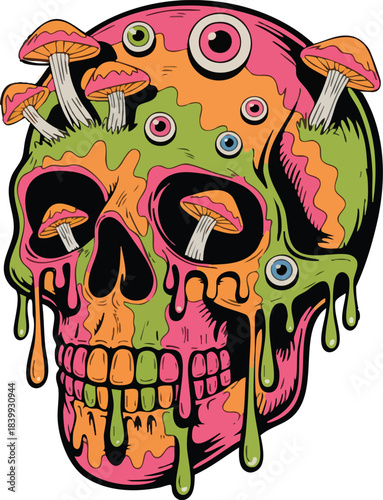 Psychedelic skull with mushrooms and eyes dripping colors