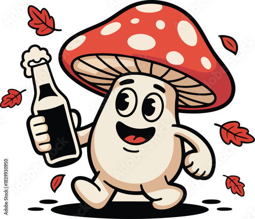Happy mushroom character holding a bottle of beer with falling leaves