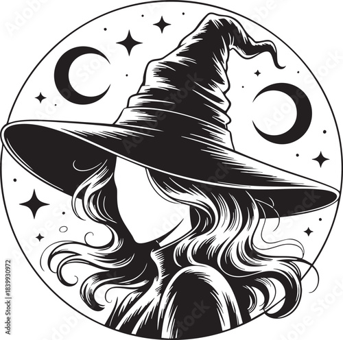 Stay witchy woman in witch hat with moon and stars
