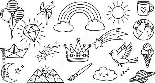 Whimsical hand drawn doodle set with magical and dreamy elements