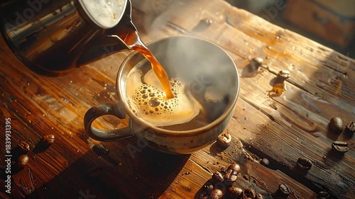 Pouring Fresh Coffee into a Rustic Mug